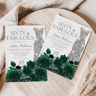 Emerald Green Floral & Silver Gown 60. Geburtstag Einladung