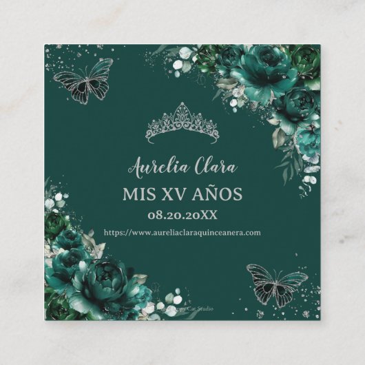 Emerald Green Floral Silver Quinceañera QR Code Begleitkarte (Rückseite)