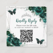 Emerald Green Floral Silver Quinceañera QR Code Begleitkarte (Vorderseite)