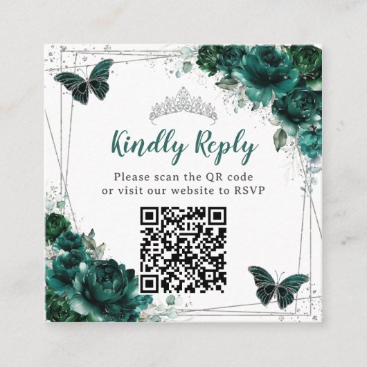 Emerald Green Floral Silver Quinceañera QR Code Begleitkarte (Vorderseite)