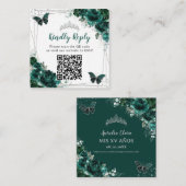 Emerald Green Floral Silver Quinceañera QR Code Begleitkarte (Vorne/Hinten)