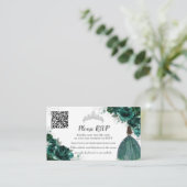 Emerald Green Floral Silver Quinceañera QR Code Begleitkarte (Stehend Vorderseite)