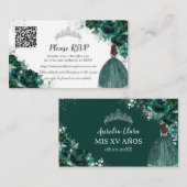 Emerald Green Floral Silver Quinceañera QR Code Begleitkarte (Vorne/Hinten)