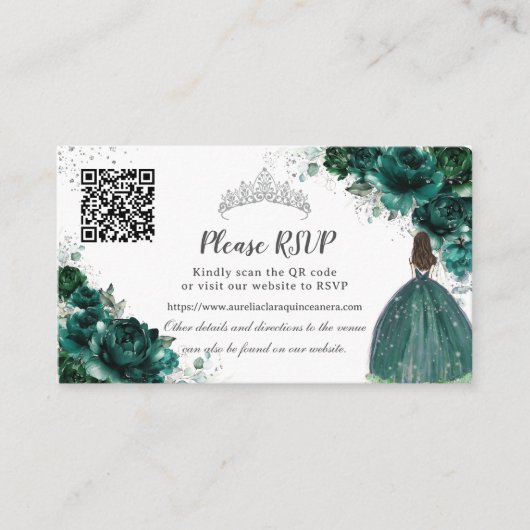 Emerald Green Floral Silver Quinceañera QR Code Begleitkarte (Vorderseite)