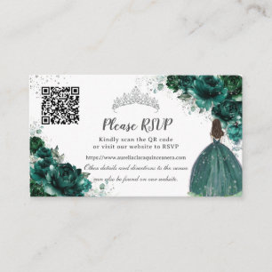 Emerald Green Floral Silver Quinceañera QR Code Begleitkarte