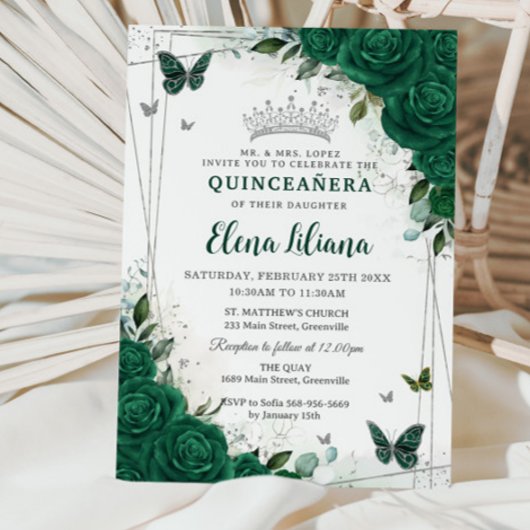 Emerald Green Floral Silver Quinceañera Sweet 16 Einladung