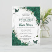 Emerald Green Floral Silver Quinceañera Sweet 16 Einladung (Stehend Vorderseite)