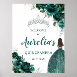Emerald Green Floral Silver Quinceañera Willkommen Poster