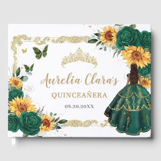 Emerald Green Floral Sunblumen Gold Quinceañera Gästebuch (Vorderseite)