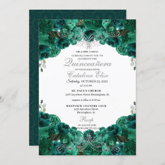 Emerald Green Floral Sweet 15 Quinceanera Einladung