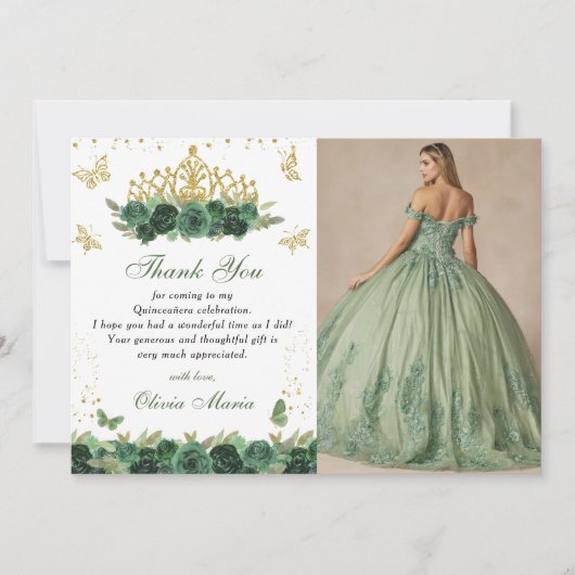 Emerald Green Floral Tiara Butterfly Quinceanera Einladung (Vorderseite)