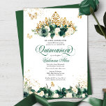 Emerald Green Floral Tiara   Butterfly Quinceanera Einladung<br><div class="desc">Quinceanera Einladung in tiefgrünem Smaragd oder immergrün mit goldenen Schmetterlingen und einer schönen Blumentiara . Besuchen Sie den Shop für weitere Variationen inklusive Optionen mit Puppen in Kleider in vielen Hautfarben und Farbkombinationen</div>