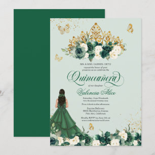 Emerald Green Floral Tiara + Butterfly Quinceanera Einladung