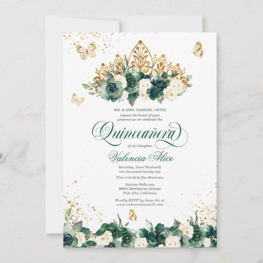 Emerald Green Floral Tiara + Butterfly Quinceanera Einladung (Vorderseite)
