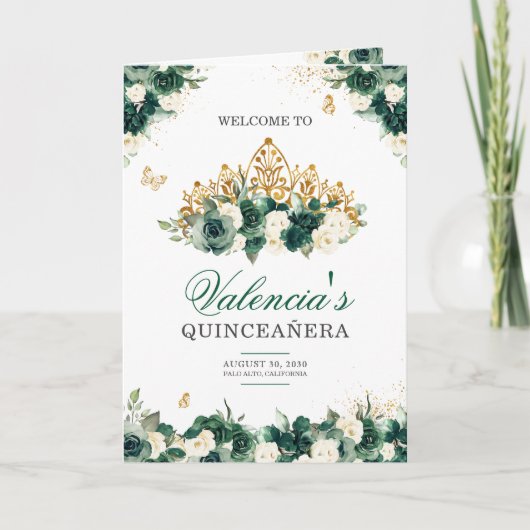 Emerald Green Floral Tiara Butterfly Quinceanera Programm (Vorderseite)