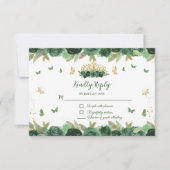 Emerald Green Floral Tiara + Butterfly Quinceanera RSVP Karte (Vorderseite)