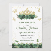 Emerald Green Floral Tiara Butterfly Quinceanera Save The Date (Vorderseite)
