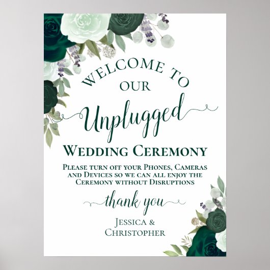 Emerald Green Floral Unplugged Wedding Zeremonie Poster (Vorne)