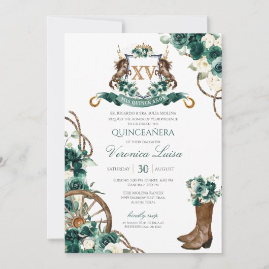 Emerald Green Floral Wappen Charro Quinceanera Einladung (Vorderseite)