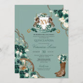 Emerald Green Floral Wappen Charro Quinceanera Inv Einladung (Vorne/Hinten)