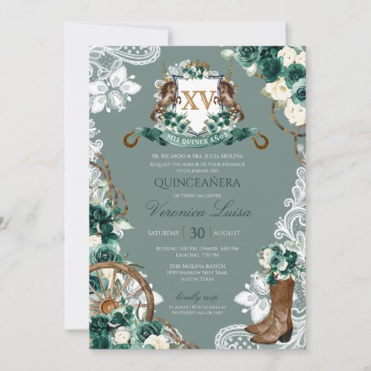 Emerald Green Floral Wappen Charro Quinceanera Inv Einladung (Vorderseite)