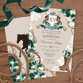 Emerald Green Floral Wappen Charro Quinceanera v3 Einladung