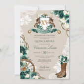 Emerald Green Floral Wappen Charro Quinceanera v3 Einladung (Vorderseite)
