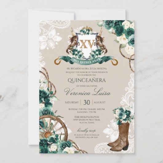 Emerald Green Floral Wappen Charro Quinceanera v3 Einladung (Vorderseite)