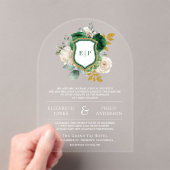 Emerald Green Floral Wappen Monogram Wedding Acryleinladungen (Insitu (Handheld))