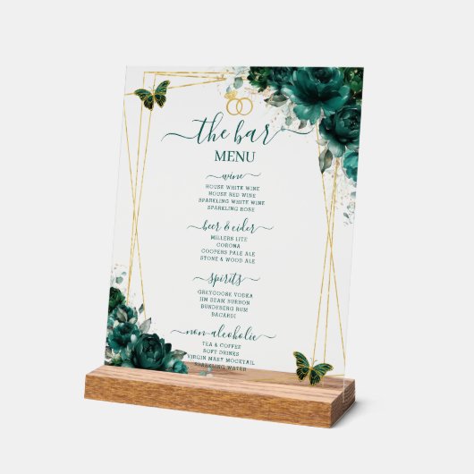 Emerald Green Floral Wedding Bar Cocktail Menu Acrylschild (Winkel)