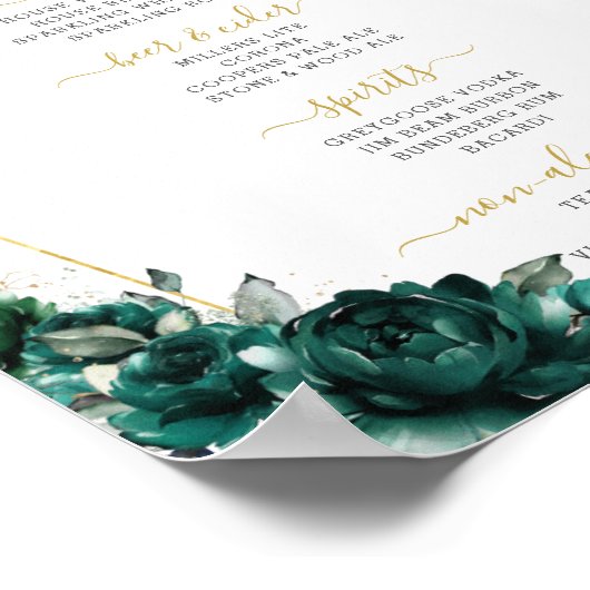 Emerald Green Floral Wedding Bar Cocktail Menu Poster (Ecke)