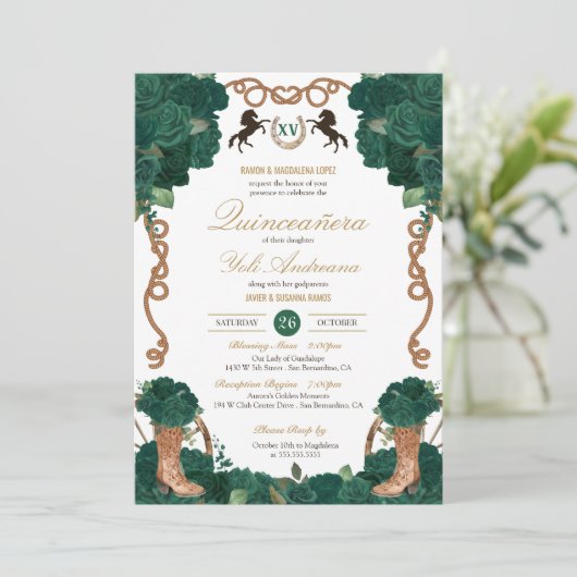 Emerald Green Floral Western Charra Quinceanera Einladung (Stehend Vorderseite)