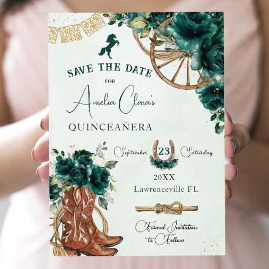 Emerald Green Floral Wild West Charro Quinceañera Save The Date