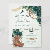 Emerald Green Floral Wild West Charro Quinceañera Save The Date (Vorderseite)