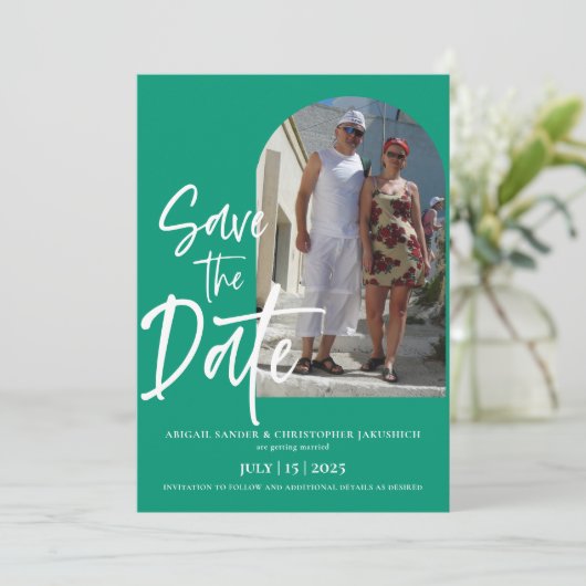 Emerald Green Foto Save the Date Einladung (Stehend Vorderseite)