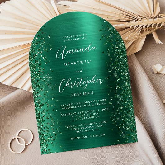 Emerald Green Glam Brushed Metal Arch Wedding Einladung