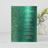 Emerald Green Glam Glitzer Script Wedding Menükarte (Stehend Vorderseite)