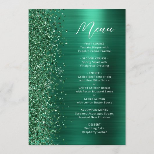 Emerald Green Glam Glitzer Script Wedding Menükarte (Vorderseite)