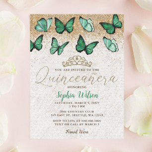 Emerald Green Glitzer Butterfly Quinceñera Einladung