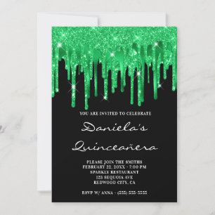 Emerald Green Glitzer Foil Tropfens Black Quinceañ Einladung