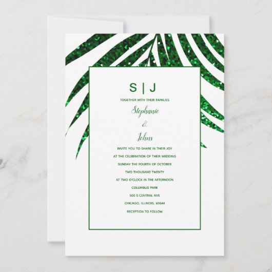 Emerald Green Glitzer Palm Leaf Tropical Wedding Einladung (Vorderseite)