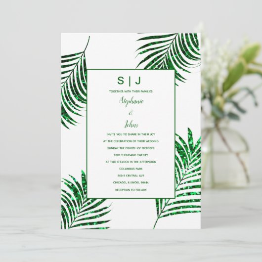 Emerald Green Glitzer Tropical Palm Leaf Wedding Einladung (Stehend Vorderseite)