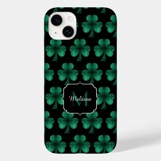 Emerald Green Glitzern Kleeblatt Black Monogram Case-Mate iPhone Hülle (Rückseite)