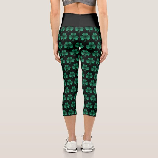 Emerald Green Glitzern Kleeblatt schwarz Capri Leggings (Rückseite)