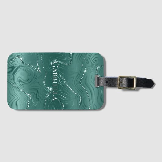 Emerald Green Glitzy Marble Personalisiert Gepäckanhänger (Vorderseite (Horizontal))