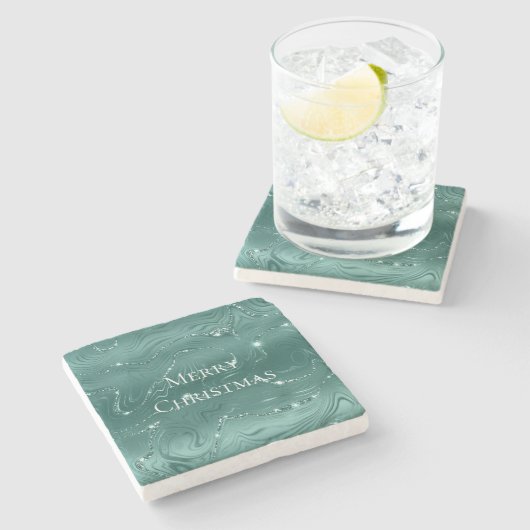 Emerald Green Glitzy Marble Weihnachten Steinuntersetzer (Seitenansicht)