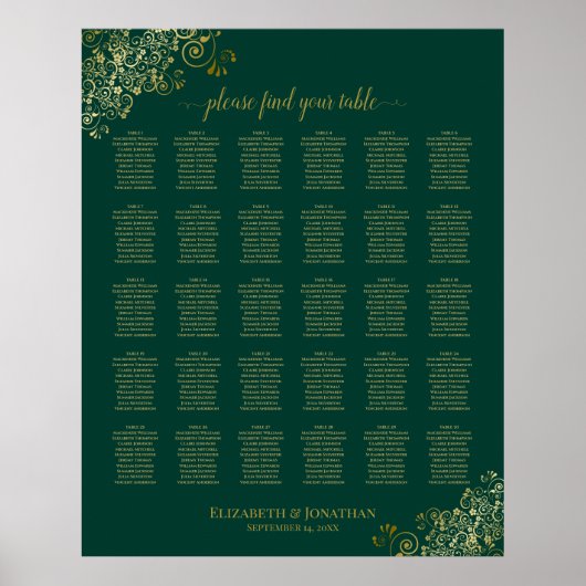 Emerald Green Gold 30 Table Wedding Seating Chart Poster (Vorne)