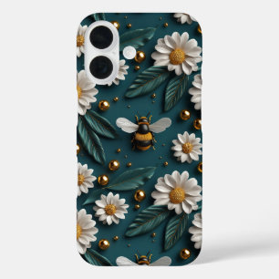 Emerald Green Gold 3D Bienen Daisy Blume Hummel iPhone 16 Hülle