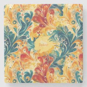 Emerald Green & Gold Abstrakt Paisley Blätter Steinuntersetzer