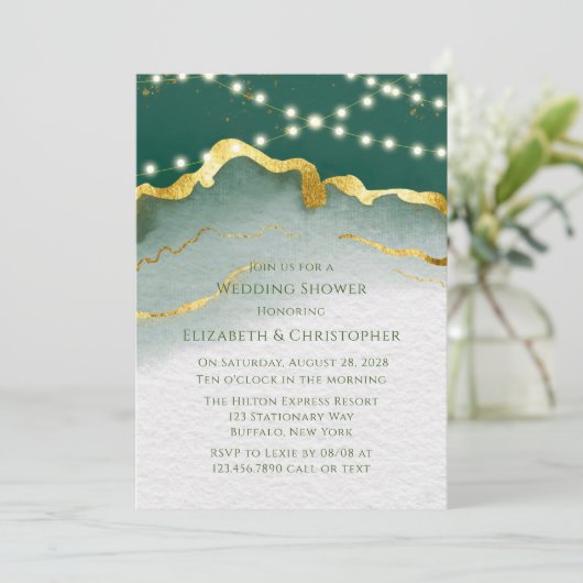 Emerald Green Gold Agate and Lights Polterabend Einladung (Stehend Vorderseite)